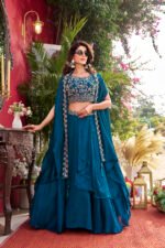 vyra signature: pure vichitra silk embroidered lehenga set with shrug style dupatta