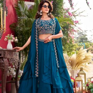 vyra signature: pure vichitra silk embroidered lehenga set with shrug style dupatta