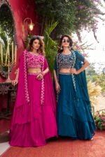 vyra signature: pure vichitra silk embroidered lehenga set with shrug style dupatta
