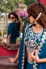 vyra signature: pure vichitra silk embroidered lehenga set with shrug style dupatta