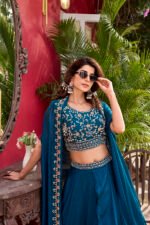 vyra signature: pure vichitra silk embroidered lehenga set with shrug style dupatta