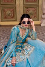 vyra luxe: pure fendy embroidered lehenga set with moti & sequence work blue
