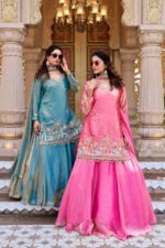vyra luxe: pure fendy embroidered lehenga set with moti & sequence work blue