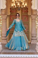 vyra luxe: pure fendy embroidered lehenga set with moti & sequence work blue