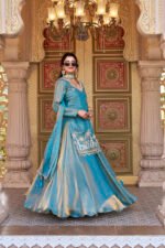 vyra luxe: pure fendy embroidered lehenga set with moti & sequence work blue