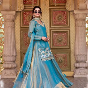 vyra luxe: pure fendy embroidered lehenga set with moti & sequence work blue