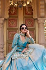 vyra luxe: pure fendy embroidered lehenga set with moti & sequence work blue