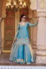vyra luxe: pure fendy embroidered lehenga set with moti & sequence work blue