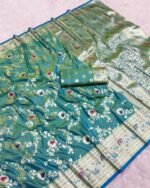 vyra designer teal blue banarasi satin silk saree – intricate golden water zari work