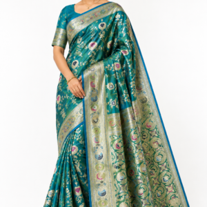 vyra designer teal blue banarasi satin silk saree – intricate golden water zari work