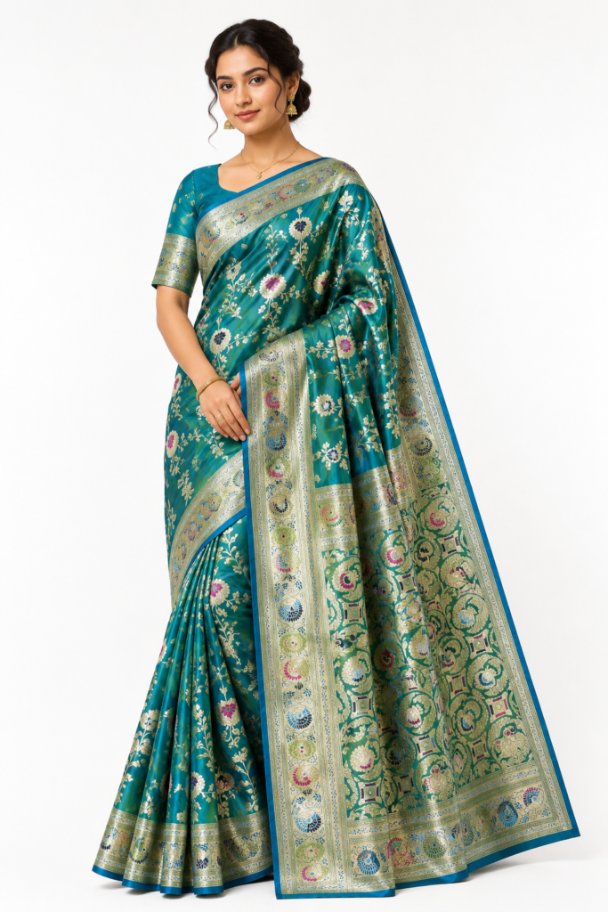vyra designer teal blue banarasi satin silk saree – intricate golden water zari work