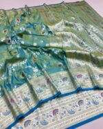 vyra designer teal blue banarasi satin silk saree – intricate golden water zari work