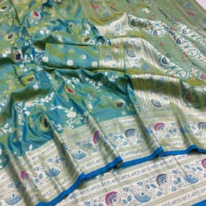 vyra designer teal blue banarasi satin silk saree – intricate golden water zari work
